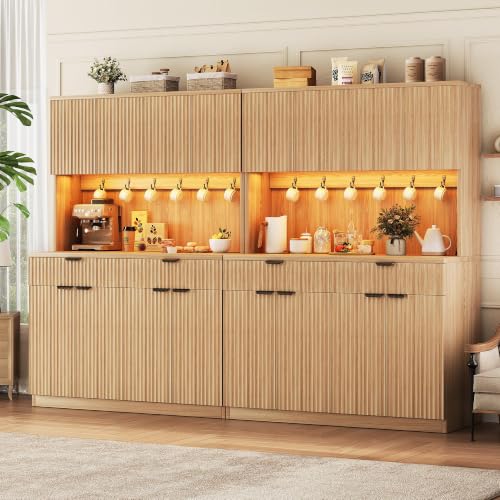 Fluted Kitchen Pantry Storage Cabinet with Charging Station & LED Lights