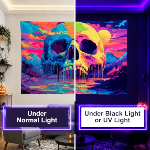 Blacklight Tapestry Melting Skull Neon Wall Art 78 x 59 Inch