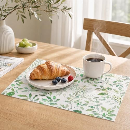Green Floral Leaves Placemats Set of 6 Boho Green Tropical Leaf Plastic Table Mats Floral Place Mats Washable Mid Century Holiday Table Decoration for Indoor Outdoor Party Kitchen Dining (6 Count)