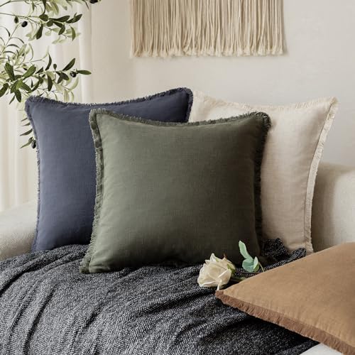 Decorative Linen Fringe Throw Pillow Covers 18×18 Dark Green (2 Count)