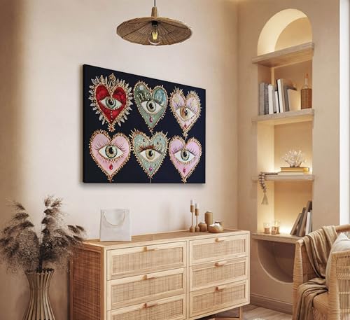 Psychedelic Eyes Canvas Wall Art Gothic Maximalist Witchy Art Wall Decor Picture Dark Academia Aesthetic Poster Eclectic Love Heart Jewel Gem Painting Print Artwork for Bedroom Living Room Decorate