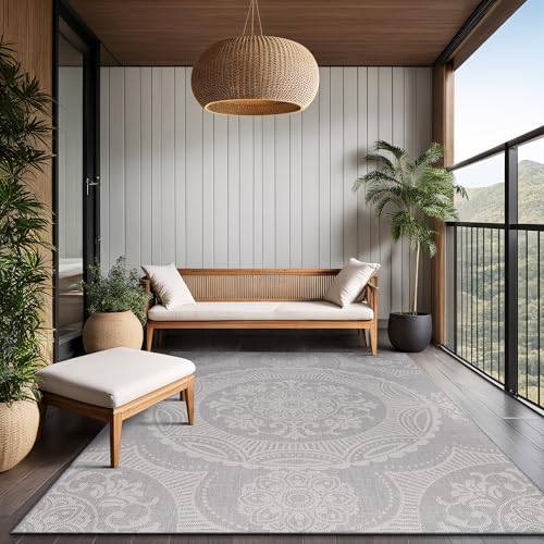 Medallion Outdoor Rug 9x12 Washable Outside Carpet for Indoor Patio Porch Waterproof Easy Cleaning Non Shedding Area Rugs Gray 9 x 12