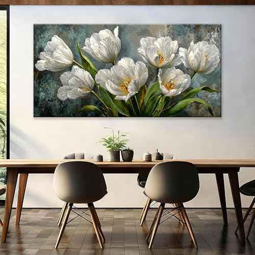 Oversized Canvas Wall Art Decor White Tulip Flower Canvas Art Wall Decor For Living Room Modern Floral Botanical Wall Art Prints Elegant Nature Flower Wall Art For Bedroom Home Office Decor 29"×58"