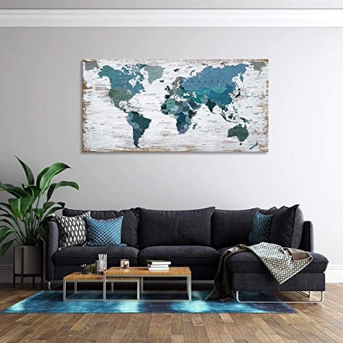 Teal Decor World Map Canvas Wall Art Pictures for Living Room Wall Decoration Blue Wall Decor Office World Map Wall Art Picture Framed Artwork for Home Bedroom Decoration 30"x60"