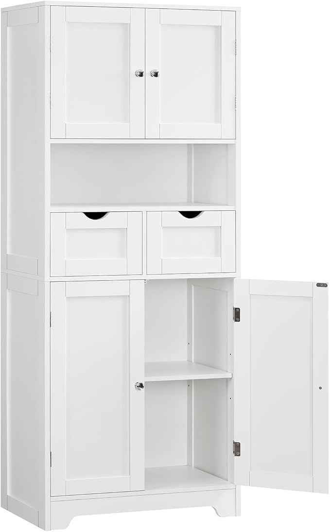 Iwell Tall Storage Cabinet with Adjustable Shelf & 2 Drawers, Kitchen Pantry Cabinet, Pantry Cabinets with 4 Doors, Tall Cabinets for Living Room, Kitchen, Bathroom, White