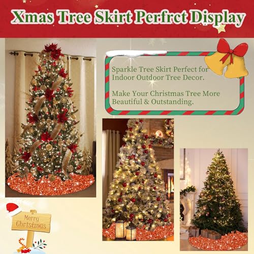 46 Inch Christmas Tree Skirt Sequins Burnt Orange Xmas Tree Skirt Soft Velvet Christmas Tree Skirts Christmas Tree Ornaments for Halloween Round Fabric Tree Cover Skirt Sequin Metal Tree Base