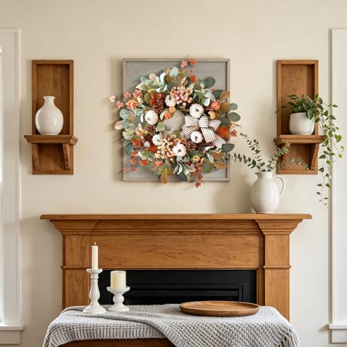 24 Inch Farmhouse Fall Wreath for Front Door with White Pumpkin