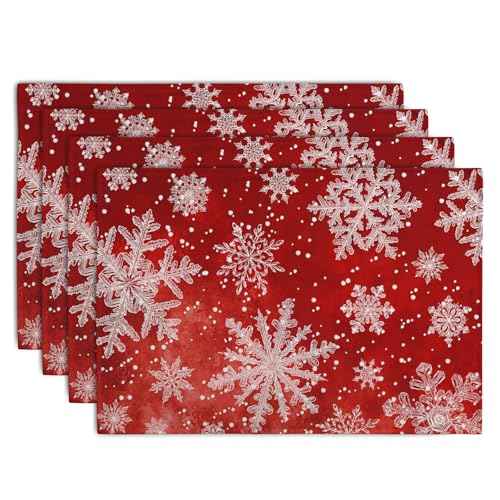 Red Snowflake Xmas Placemats Set of 4 Merry Christmas Snowflakes Linen Fabric Table Mats Seasonal Winter Holiday Washable Place Mats for Party Kitchen Dining Outdoor Indoor Decor