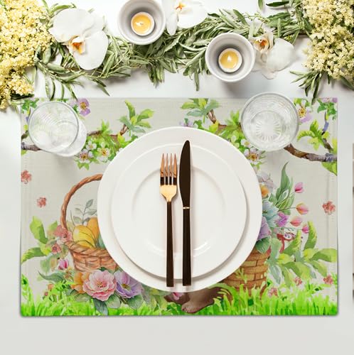 Easter Rabbit Placemats Set of 4 Spring Easter Egg Bunny Flowers Floral Place Mat 12x18 Inch Seasonal Farmhouse Linen Fabric Table Mats for Kitchen Dining Outdoor Indoor Easter Party Decoration