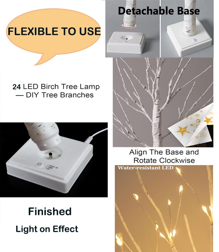 2FT Fairy Birch Tree with 24 LED Lights Artificial Tree Lamp with Timer for Easter Christmas Decoration Light Spirit Tree USB