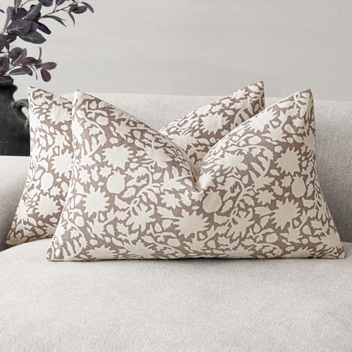 Set of 2 Decorative Neutral Floral Lumbar Throw Pillow Covers Accent Farmhouse Cushion Covers Boho Vintage Pillowcase for Couch Sofa Bedroom Living Room Home Decor (2 Count)