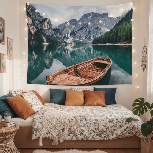 Nature Mountain Lake Boat Tapestry 80x60 Inch