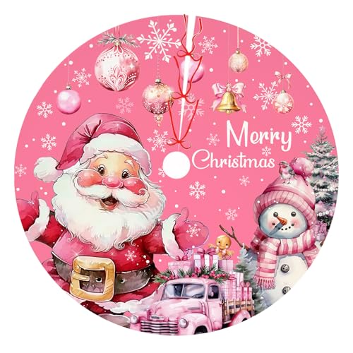 Pink Christmas Tree Skirt Santa Snowflaks Truck Christmas Decorations Xmas House Decor Winter Holiday Party Xmas Tree Skirt 36 inches