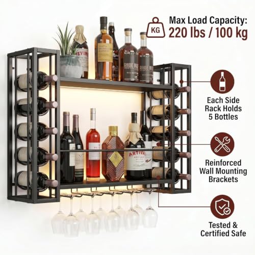 40" Wall Mounted Wine Rack with LED Lights & Wine Glass Rack