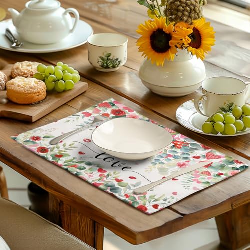 Valentines Day Love Heart Rose Placemats Set of 4 Valentine Eucalyptus Leaves Linen Table Mats Heat 12x18 Inch Spring Resistant Washable Table Mats for Kitchen Dining Decoration (4 Count)
