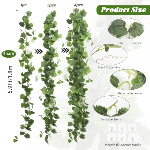 3Pcs Fake Vines Artificial Grape Leaves Ivy Greenery Garland 5.9FT (3 Count)
