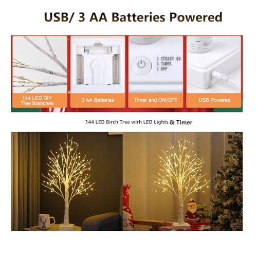 2FT Fairy Birch Tree with 144 LED Lights Artificial Tree Lamp with Timer for Easter Christmas Decoration Light Spirit Tree USB