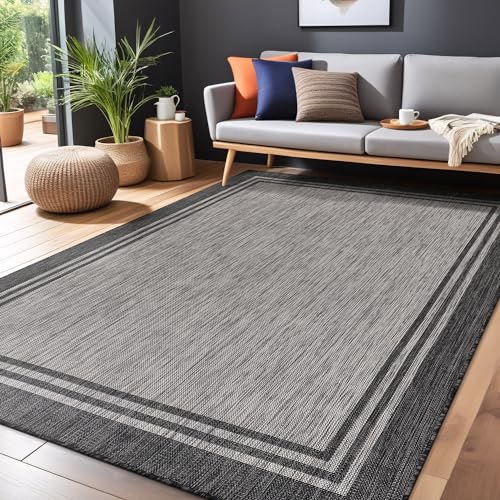 Bordered Outdoor Rug 6x9 Washable Outside Carpet for Indoor Patio Porch Waterproof Easy Cleaning Non Shedding Area Rugs Dark Gray 6 x 9