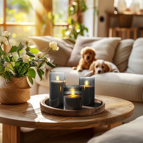 Grey Ribbed Glass Flameless Electric LED Candles with Remote Timer (3 Count)