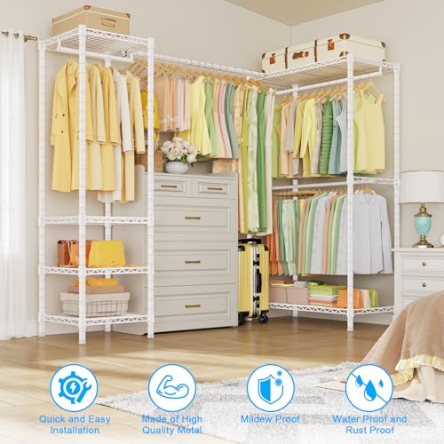 E10L L Shaped Clothes Rack for Corner（With Expandable Hanger Rod）Heavy Duty Freestanding Clothing Racks for Hanging Clothes