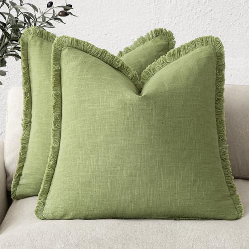 Decorative Linen Fringe Throw Pillow Covers 18×18 Lush Green (2 Count)