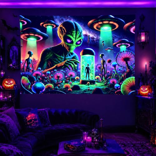 Blacklight Tapestry Alien UFO UV Wall Art 78 x 59 Inch