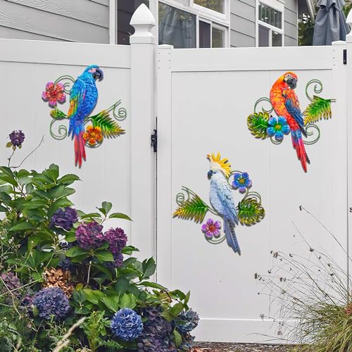 Metal Parrots Wall Decor Outdoor Hanging Sculptures Decor for Yard Garden (3 Count)