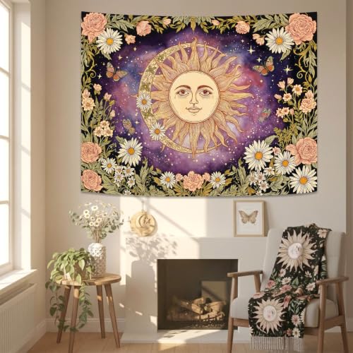 Vintage Sun and Moon Boho Hippie Purple Floral Tapestry 48 x 36 Inch