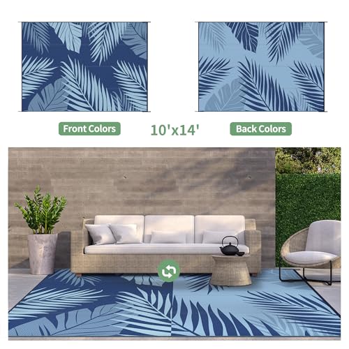 Outdoor Rug Waterproof Plastic Rugs 10'x14' for Camping Blue (140 Sq Ft)