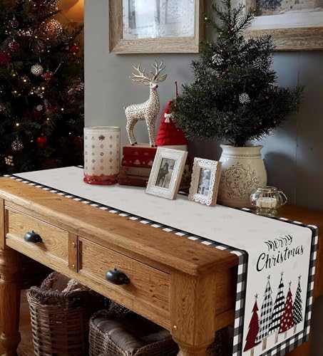 Christmas Table Runner Snowflakes Xmas Tree Decorations with Black Buffalo