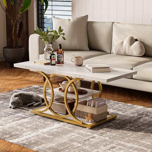 Rustic Coffee Table with Storage Modern 3 Tier Center Living Room Table Faux Marble Wooden Rectangle Cocktail Tea Table for Office Bedroom Elegant Full Moon Design
