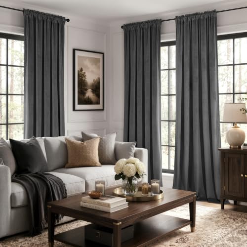 Grey Blackout Velvet Curtains Drapes 96 Inch Long 52"x96" Bedroom (2 Count)