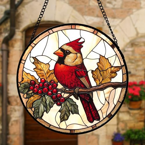 Festive Cardinal Berry Stained Glass Window Hanging Suncatcher Gifts 9.8"