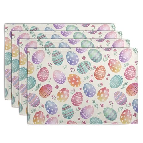 Easter Placemats Set of 4 Watercolor Colorful Eggs Floral Table Mats 12x18 Inch Spring Washable Heat Resistant Linen Fabric Place Mat for Indoor Outdoor Kitchen Dining Home (4 Count)