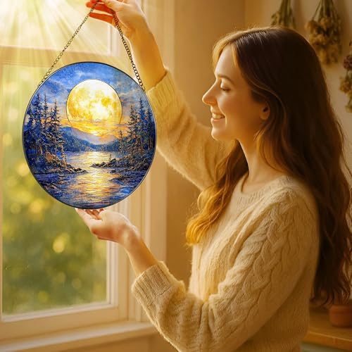 8'' Full Moon Over Forest Lake Suncatcher Ornament