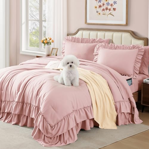 Queen Comforter Set Soft Pink Ruffle 7 Pieces Farmhouse Bed in a Bag