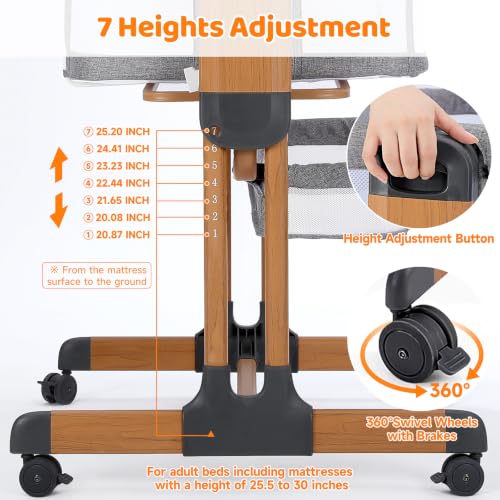 3-in-1 Baby Bassinet, Rocking Baby Bassinets Bedside Sleeper, Adjustable Portable Crib for Newborn Infant with Wheels Storage Basket and Mesh Sides