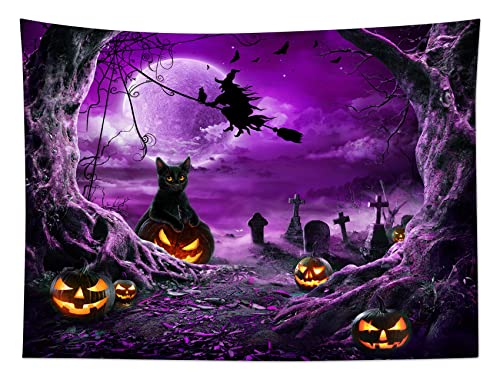 Halloween Wall Tapestry Horror Witch Cat and Dead Tree Pumpkin Lights with Spooky Graveyard Tapestry Purple Full Moon over Misty Forest Wall Art Decor for Bedroom Living Room Dorm 59x51 Inches