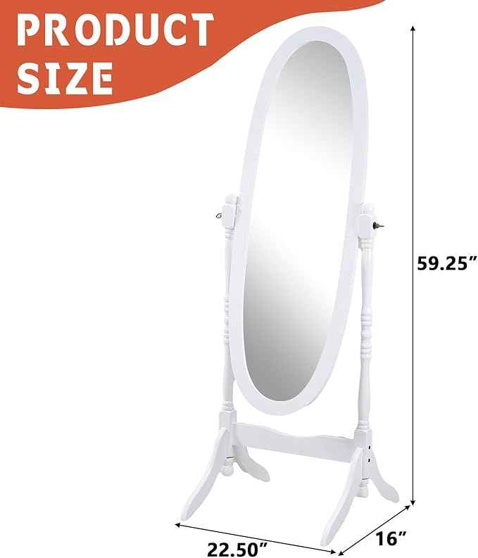 Full Length Mirror with Stand, Swivel Adjustable Oval Wood Cheval Floor Mirror, Dressing Cheval Mirror for Bedroom Livingroom, Interior Gift Idea (White)