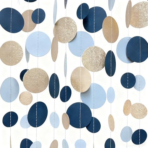 Navy Blue Champagne Gold Polka Dots Garland Hanging Paper Circle Dot Streamer for Birthday Wedding Shower Graduation Engagement Bridal Shower Bachelorette Retirement Party Decorations Supplies