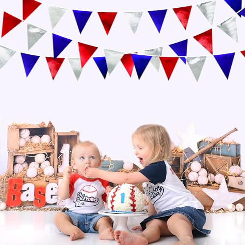 Red Blue Silver Party Decorations Metallic Fabric Triangle Pennant Banner Flag Bunting Garland for Graduations 4th of July American USA National Day Patriotic Veterans Birthday Outdoor Party Supplies (32 Foot)