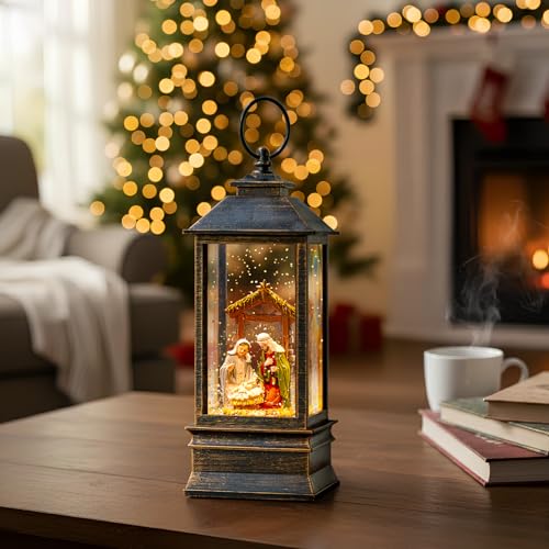 10'' Musical Snow Globe Lantern Lighted Nativity Manger Scene Water Lantern Swirling Glittering Home Decoration and Gift