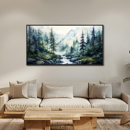 Large Black Framed Wall Decor For Living Room Canvas Wall Art For Office Modern Wall Decorations For Bedroom Misty Forest Painting Tree landscape Pictures Artwork Home Decor 24x48 In