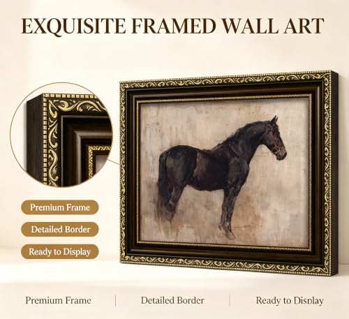 Vintage Gold Framed Black Horse Wall Art