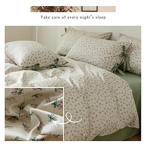 Green Flower Comforter Set Twin XL Vintage Floral Comforter with 2 Bow Ties Pillowcases Soft Fluffy Cottagecore Bedding Set for Girls Women Botanical Bedding Comforter Set for All Season
