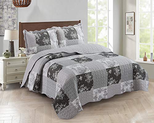 Multi Grey Toile & Floral Patchwork Quilt Set