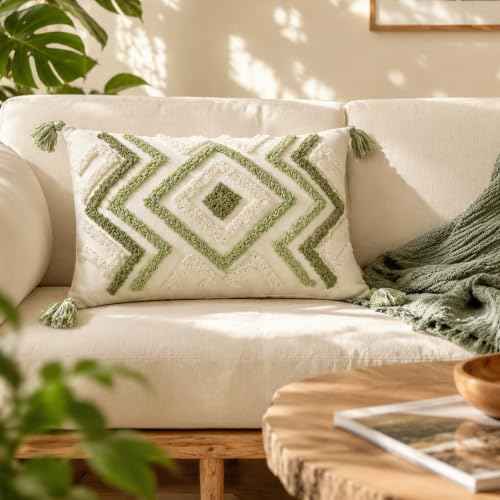 Boho Pillow Covers 12X20 Inch Boho Tufted Throw Pillow Covers Decorative Tassels Cushion Cover Farmhouse Pillow Case for Couch Sofa Bed Living Room Bedroom