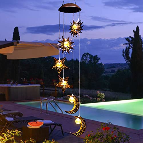 Solar Wind Chimes for Outside with Sun Moon Star Solar Hanging Lights Windchimes Outdoors Garden Decor Gifts for Mother