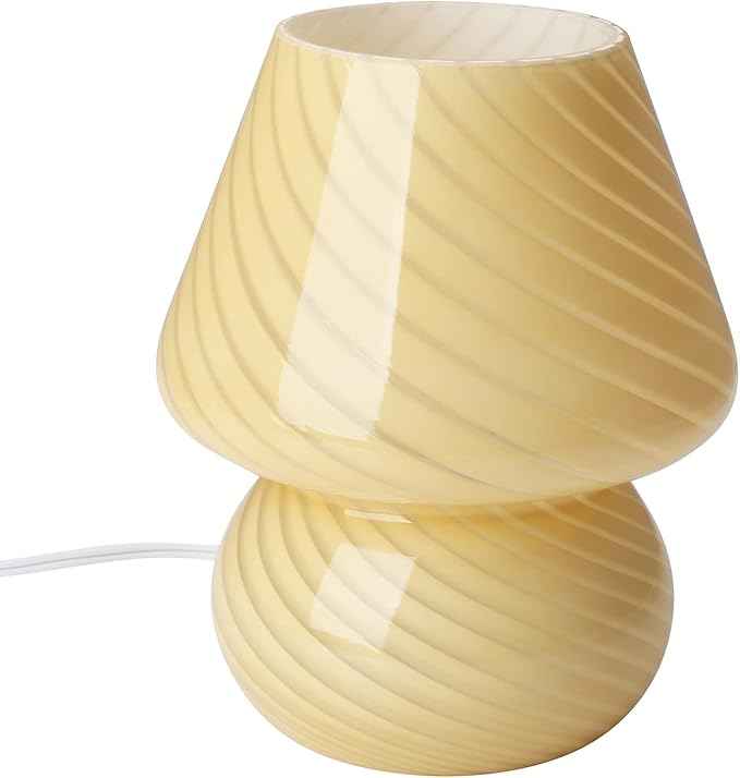 Glass Mushroom Bedside Table Lamp, Yellow Translucent Murano Vintage Style Striped Small Nightstand Desklamp Swirl Light for Home Decor, Dining, Living, Bedroom, Gift (Stripe Yellow)