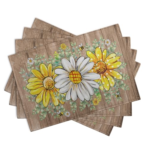 Spring Summer Floral Set of 4 Sunflower Daisy Eucalyptus Leaf Wooden Board Place Mats 12x18 Inch Rustic Vintage Flowers Farmhouse Table Mats for Home Kitchen Dining Decoration (4 Count)